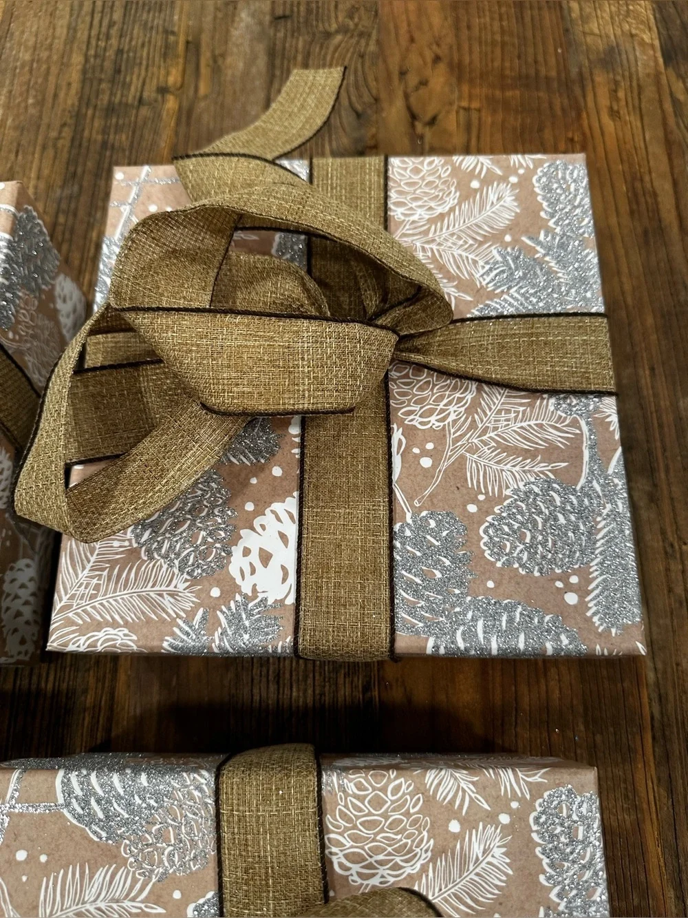 Rustic Brown & Silver Gift Boxes with Brown Ribbon - Home Party Supplies